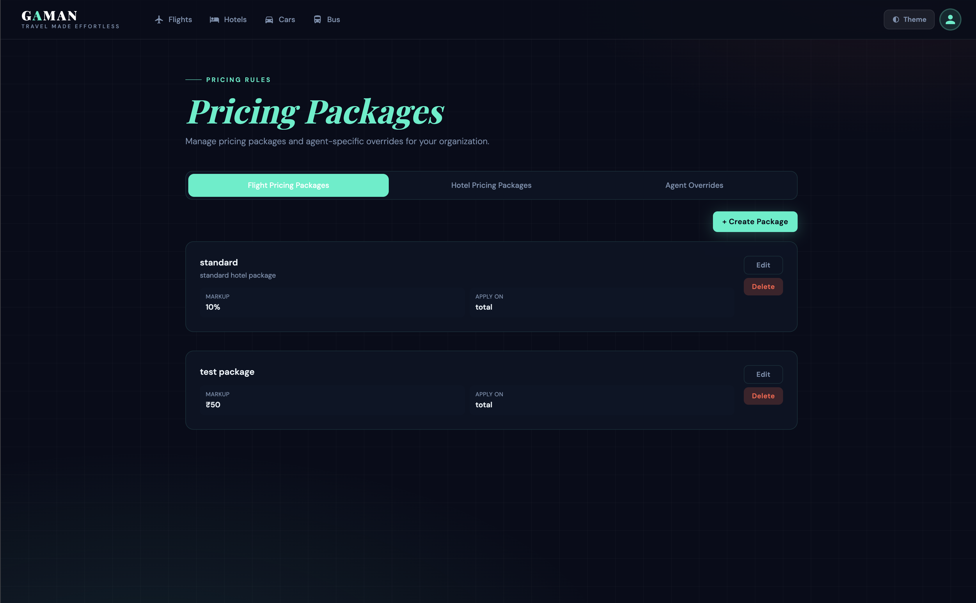 Flight pricing package screen showing markup configurations