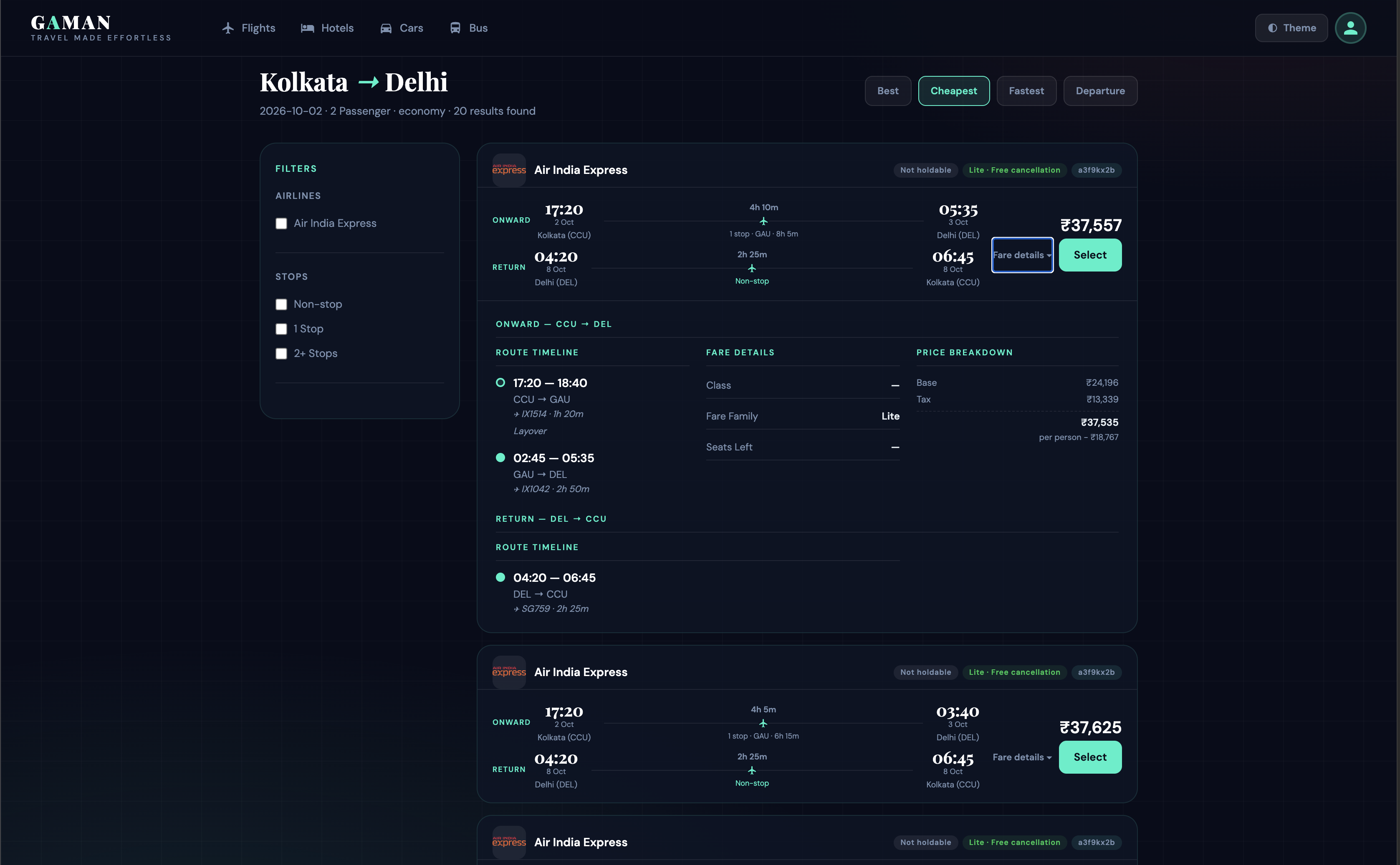 Flight search results with side-by-side comparison